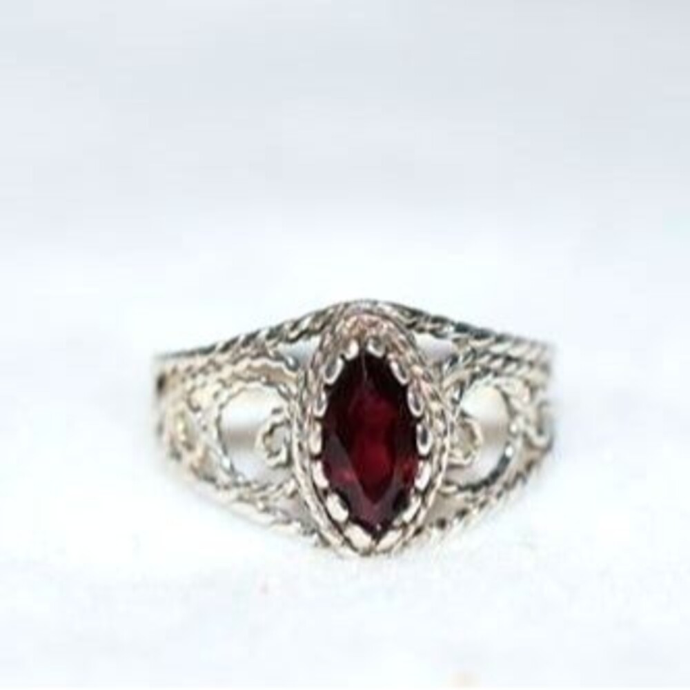 Vintage 50's Chic .925 Silver Filigree Red Rhinestone Statement Size 10 Y2k Ring